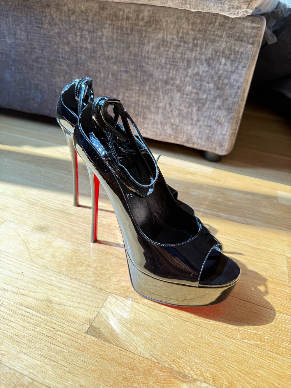 Christian Louboutin Black Patent Peep-Toe Lace-Up Platform Pumps with Red Sole